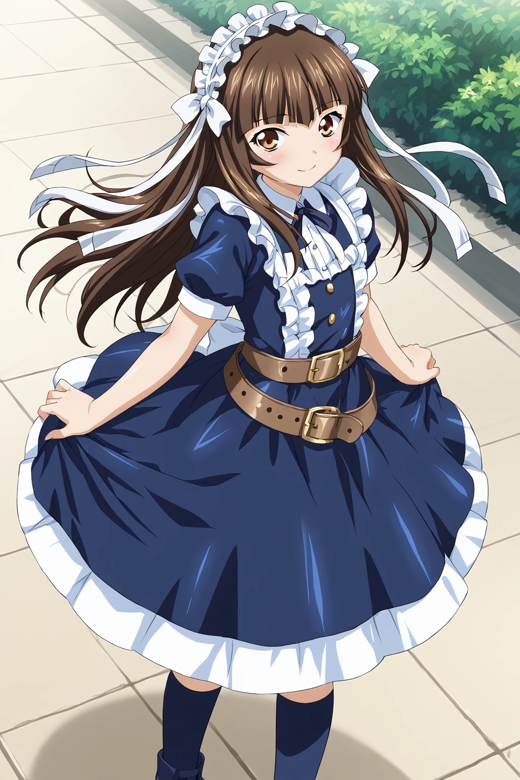 score_9, score_8_up, score_7_up, BREAK source_anime, masterpiece, anime screencap, shiny skin, 
1girl, ten'i, long hair, brown hair, bangs, brown eyes, maid headdress, <lora:teni_pony:1>
blue dress, white ribbon, frills, belt, blue socks, boots, 
standing, blush, smile, looking at view,