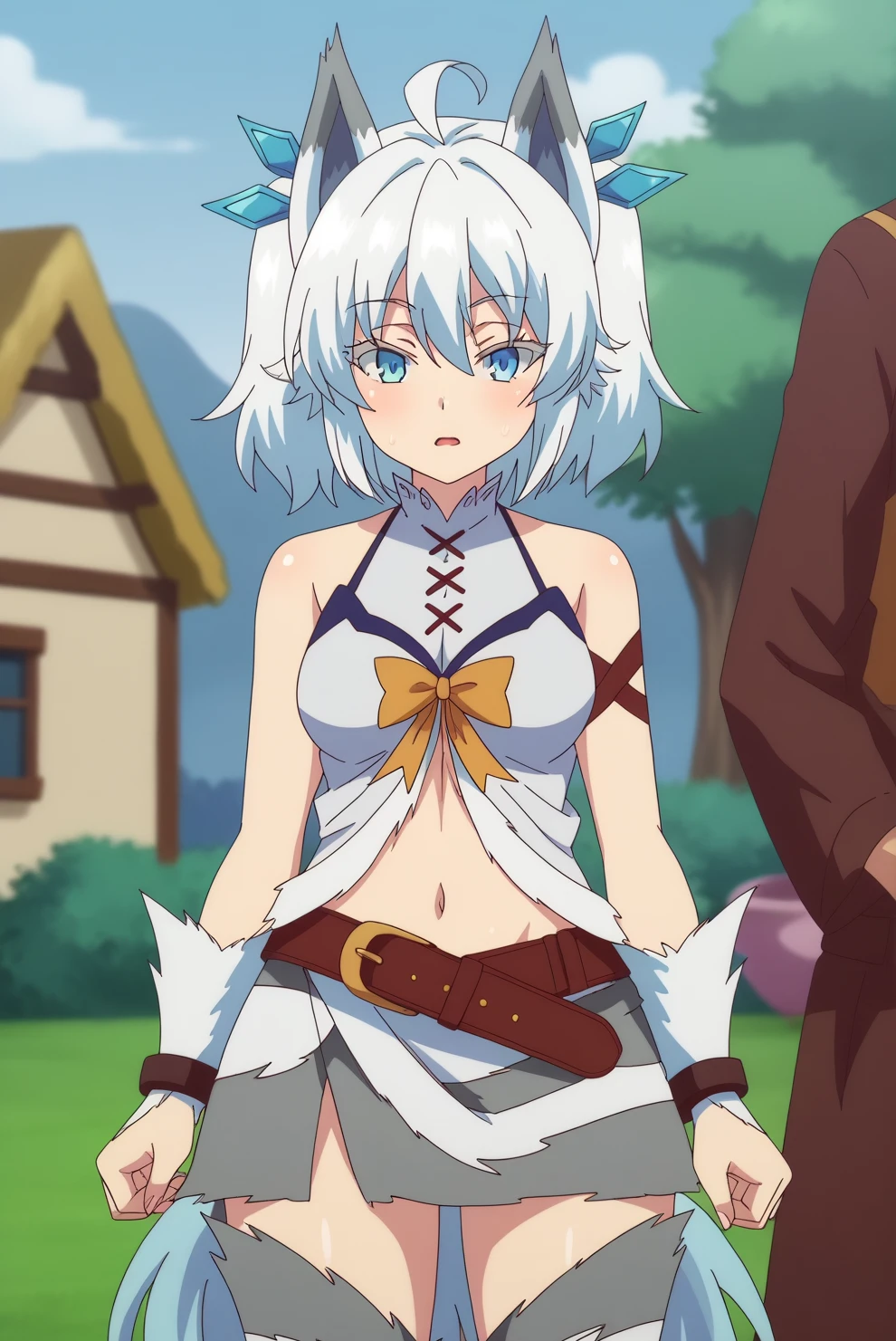 stunningly elf female, muscular sensual body, deep white hair, pale chaik white skin, blue eyes, golden metal sandals, black shackles on legs and arms, white leotard, green cloak, (standing full body looking to the camera), hands behind body, golden enchained legs, golden enchained arms