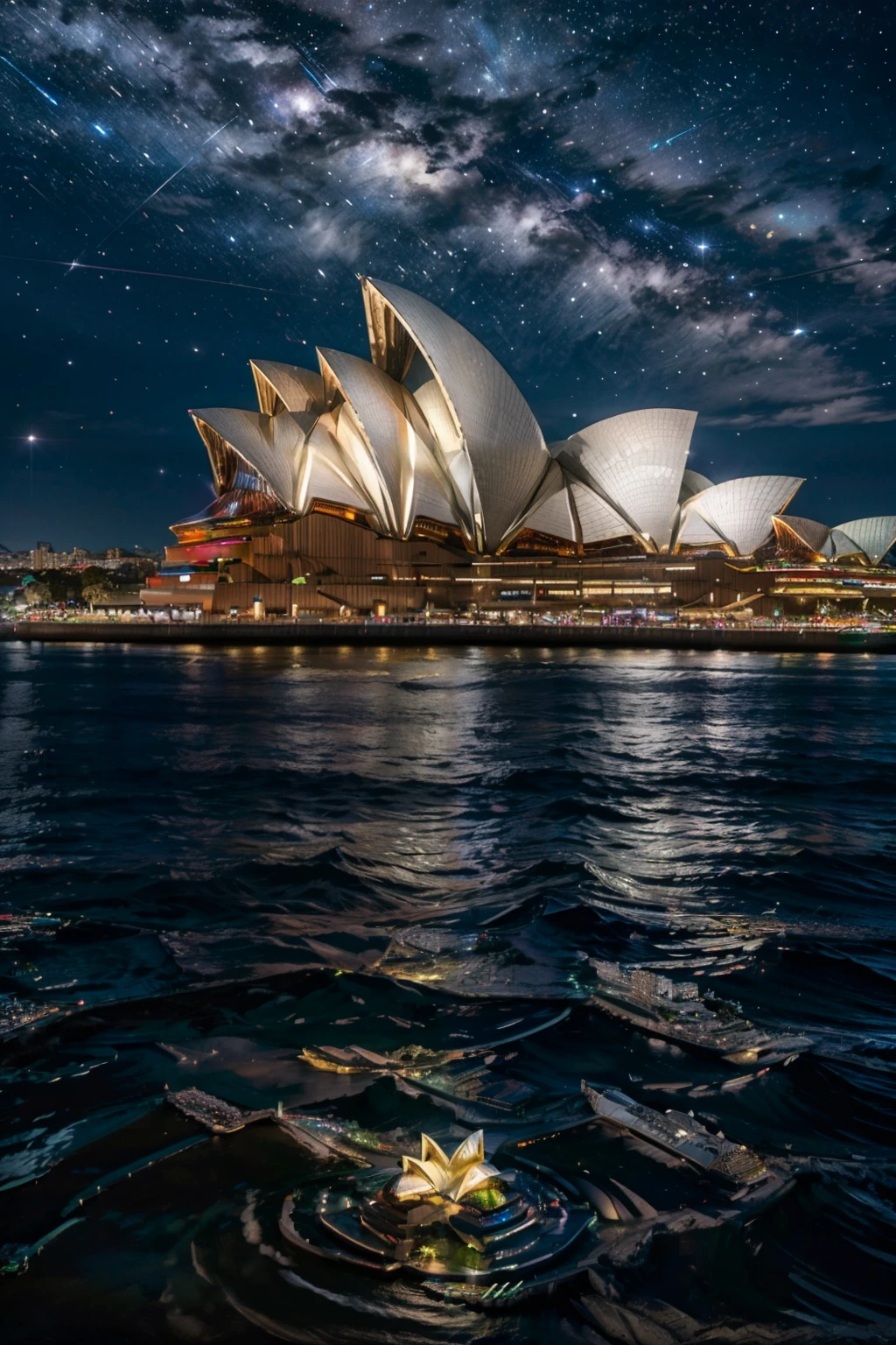 (ultra realistic,32k, masterpiece:1.2),(high detailed:1.1),( high quality:1.1),  BREAK,    <lora:Sydney_Opera_House:0.8>, high resolution, highly detailed,  Sydney Opera House, sky, water, tree, night, night sky, reflection, city, cityscape,  BREAK,   blooming stars, luminescent petals, otherworldly fragrance blurry background, <lora:add_detail:0.92>, (glowwave:1.1),