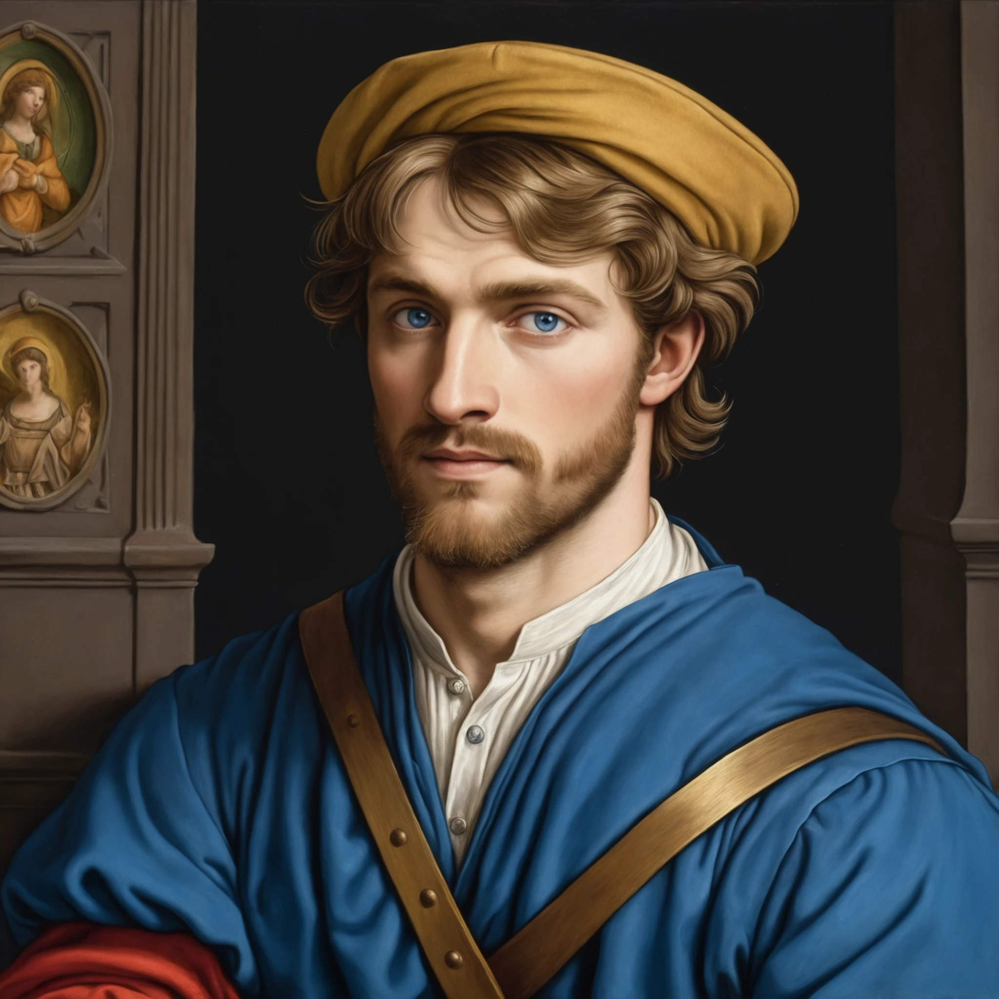 (painting in the style of Raphael:1.3), AndrwTggrt as a merchant, blue eyes, looking at the viewer, street background, 1500s