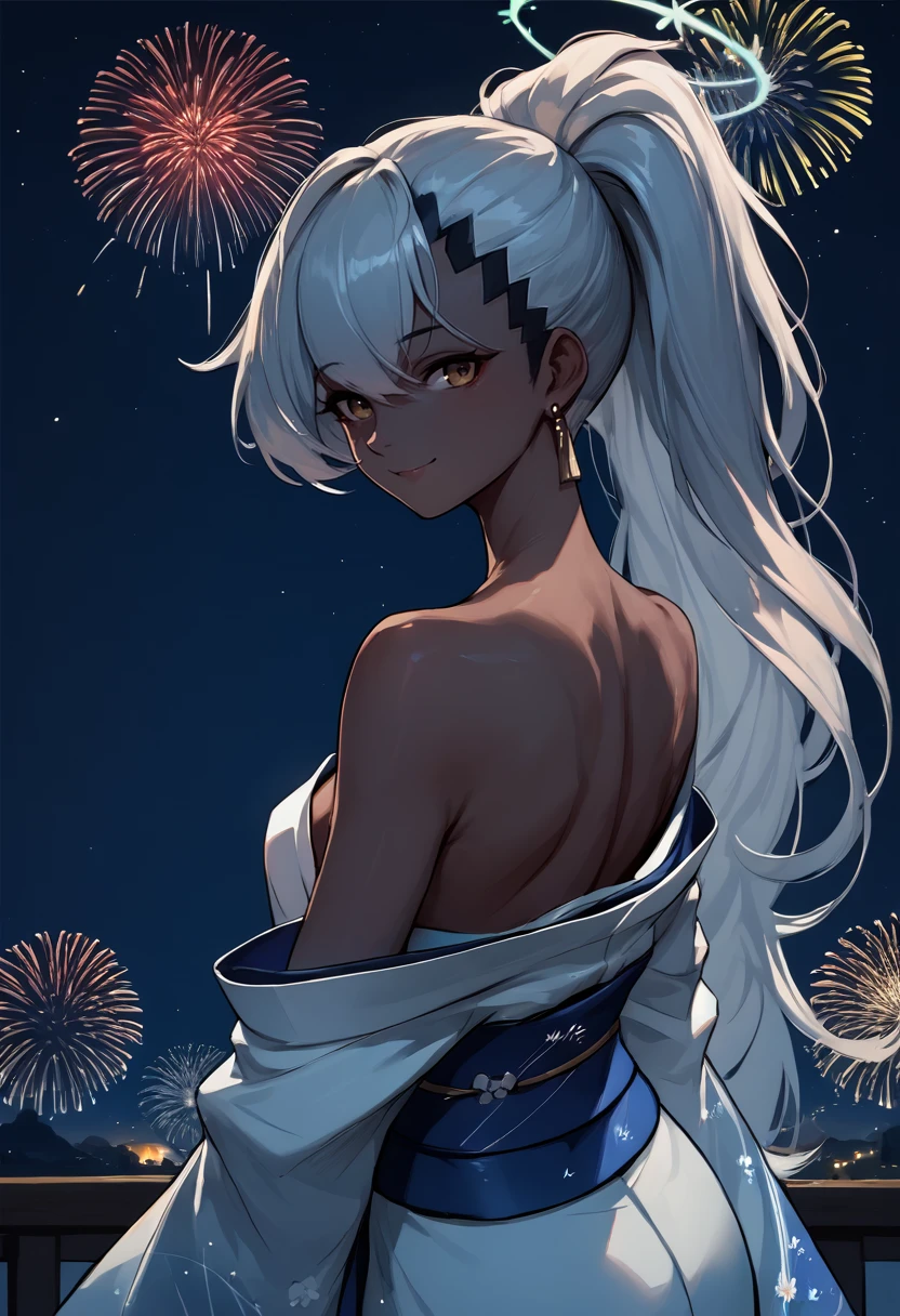 score_9, score_8_up, score_7_up, source_anime, from behind, solo, 1girl, bahaine, dark skin, smile, looking back, ponytail, halo, japanese clothes, white kimono, off shoulder, blue sash, earrings, bare shoulders, fireworks <lora:ba_haine_ponyXL-000017:1>