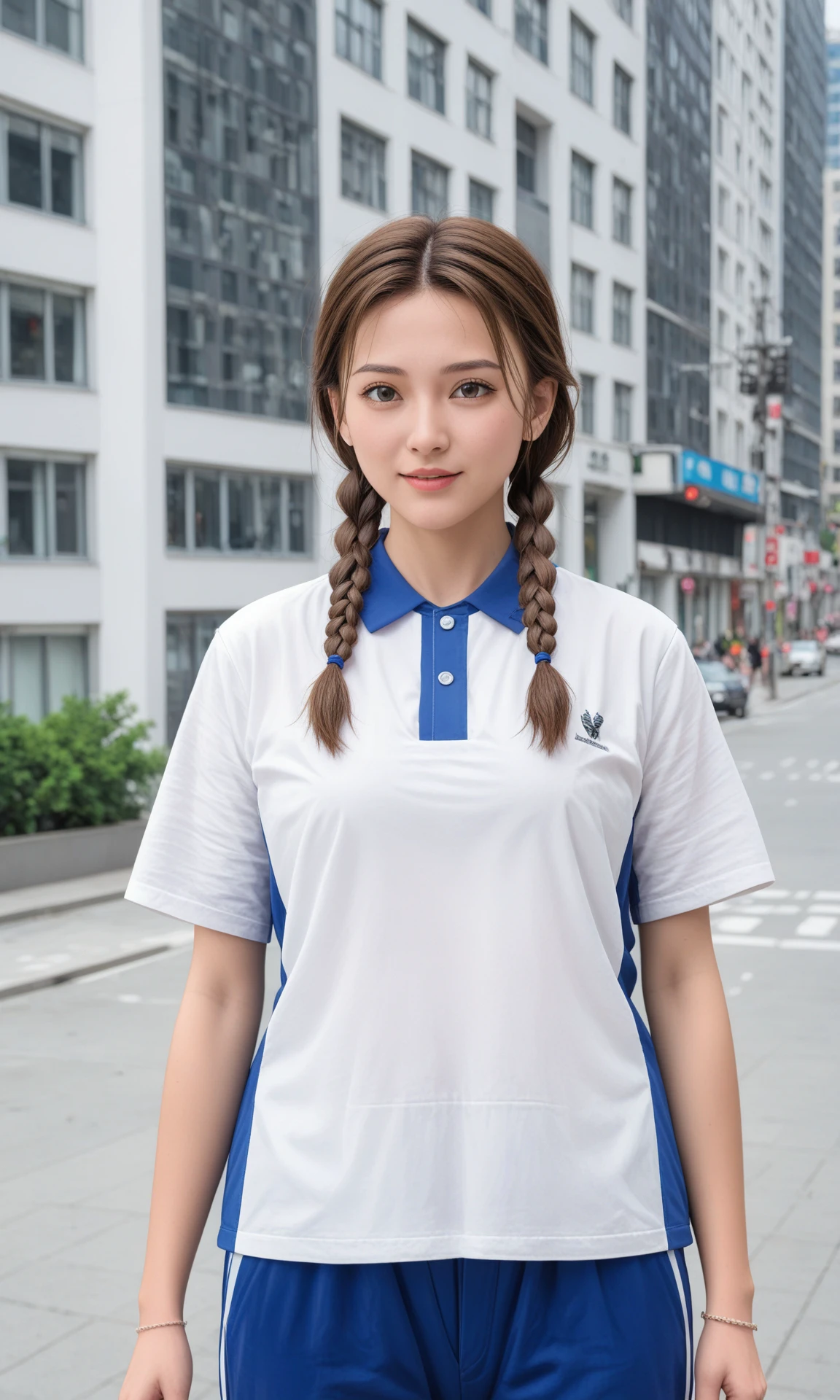 <lora:Pony Shenzhen_school_uniform:1>, 1girl, white shirt, blue pants, city, upper body, twin braids