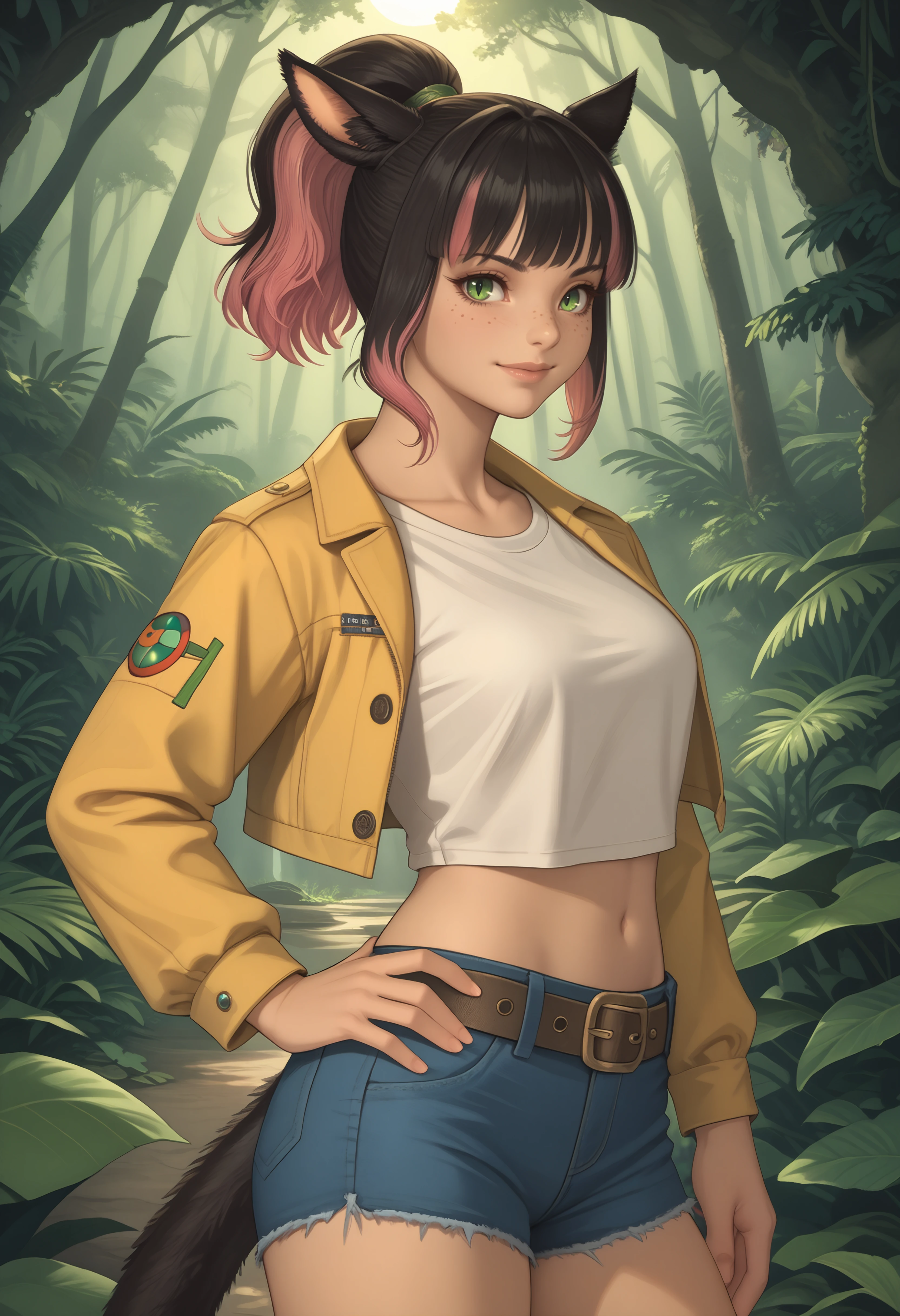 score_9, score_8_up, score_7_up BREAK <lora:clamXIVMC_v20:1> xivmc, animal ears, two-tone hair, ponytail, green eyes, slit pupils, freckles, tail, yellow jacket, white shirt, midriff, belt, jean shorts, smile, looking at viewer, from side, hand on hip, outdoors, rainforest, aztec ruins, sun rays