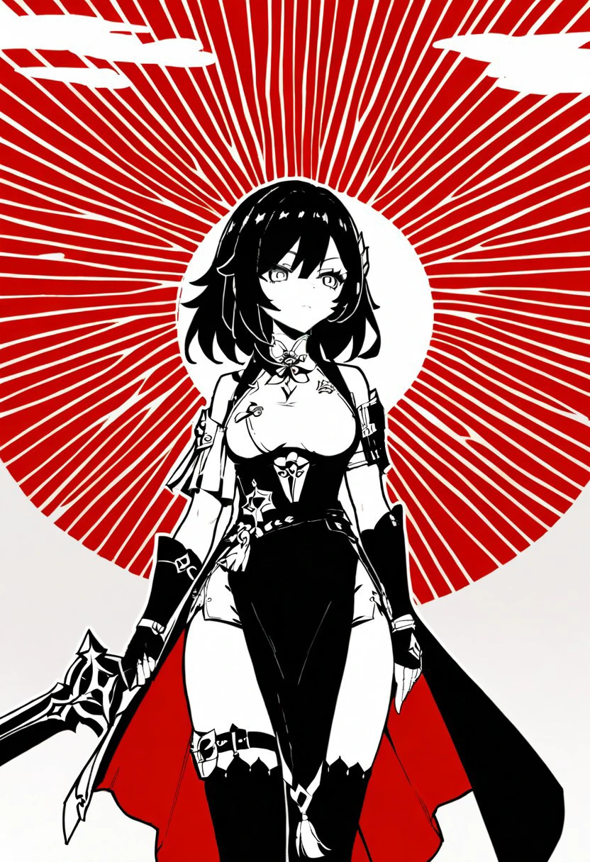 anime - style image of a woman dressed in a costume with horns and a sword,Military commander,restrained,pussy juice,torn clothes,skindantation,Black Hair,show off panties,cleavage cutout,topless,skindantation,top-down bottom-up