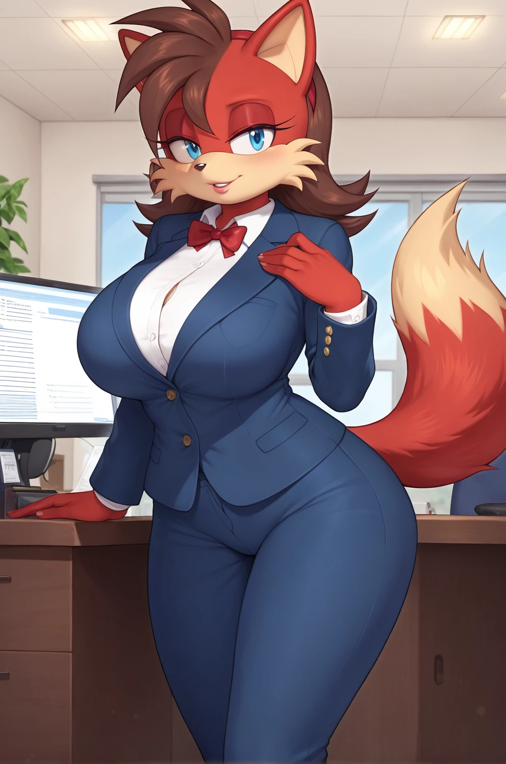 (red body/fur), (brown hair), (backround:office), (detailed backround), (masterpiece), (high details), (facing the viewer:1.3), (looking at the viewer:1.3), (light blue eyes:1.2), (large breasts:1.2), (red ears), furry female,(bigger female:1.2),Fiona The Fox Form Sonic The Hedgehog (series), open_blazer, long_pants,