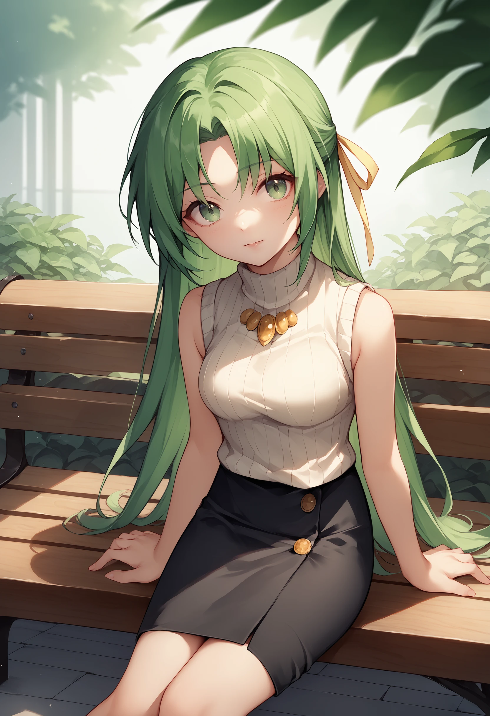 score_9, score_7_up, 1girl,   <lora:Shion renew :1> shi, green hair, long hair, green eyes, hair ribbon, white turtleneck sweater, black pencil skirt, brooch, sleeveless, sitting, bench, looking at viewer,