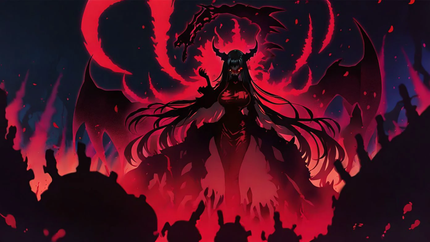 1girl , big breast   , demon,  black hair, hair spread out, mole, horns,  sharp teeth,  blurry background, dark fantasy, Dragon lair, treasure hoard background, (blood on face), blood on clothes, horror, lycoris, red flower, red petals, black Pencil Dress, from below, closed eyes, silhouette, harada miyuki style, masterpiece, best quality, <lora:harada_miyuki_style:1>