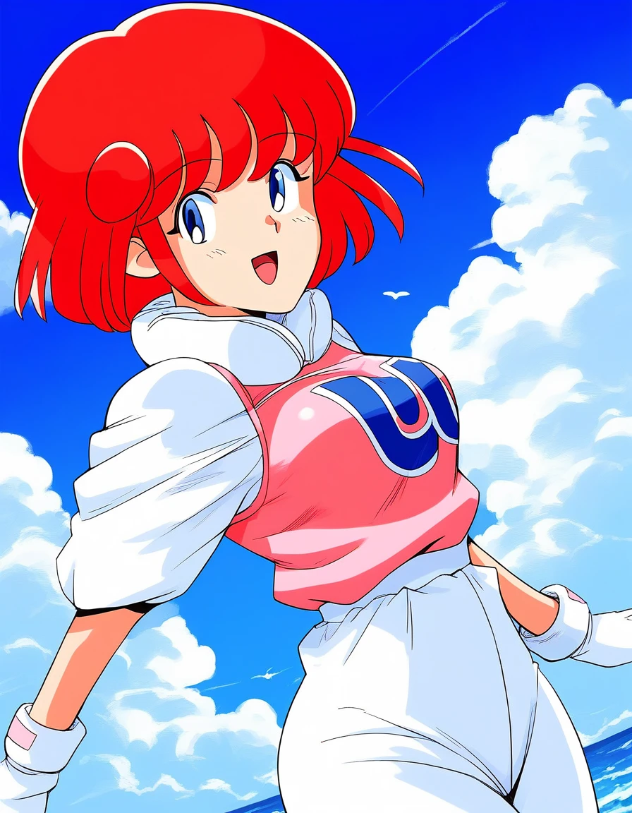 score_9, score_8_up, score_7_up, source_anime, rating_explicit, BREAK  <lora:Pastel_TwinBee_XL:1> Pastel_TwinBee, red hair, blue eyes, short hair, bangs, medium breasts,
1girl, gloves, retro artstyle, open mouth, smile,  looking at viewer, white gloves, short sleeves, 1990s (style), cowboy shot, long pants, 
sky, blue sky, cloud, beach,