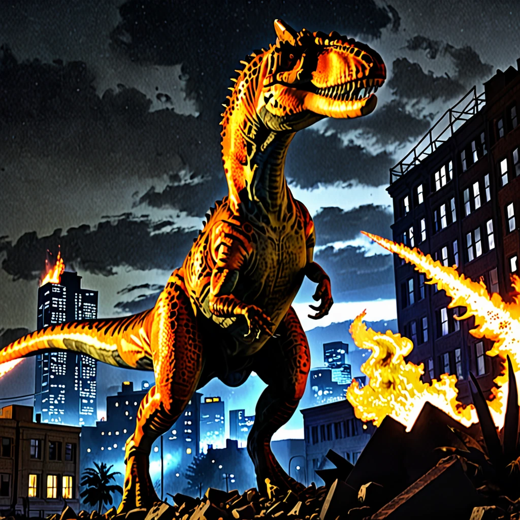 Radioactive allosaurus, ruined city, postapocalyptic, horror, fire breathing allosaurus, kaiju, glowing allosaurus, night, <lora:Allosaurus_Ark-000007:0.7>