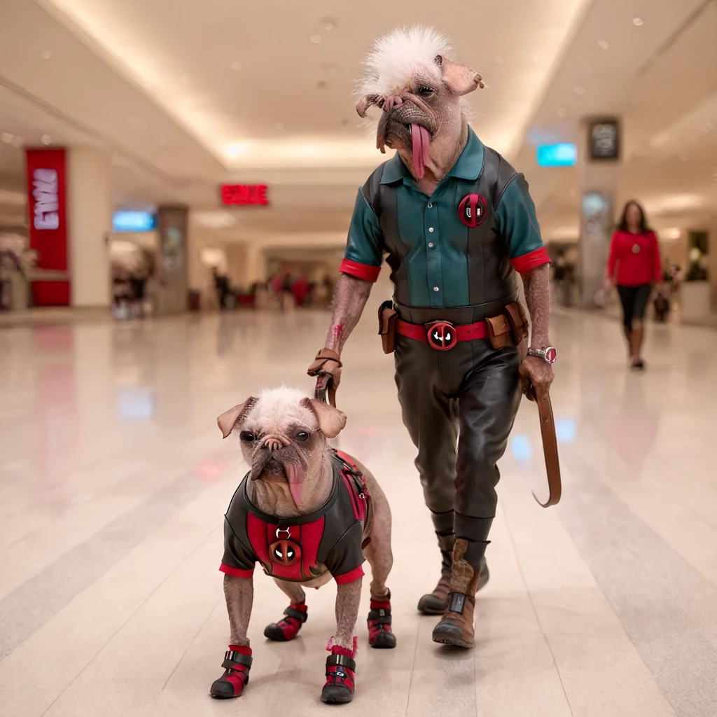 Peggy's Deadpool dog hanging out at the mall,realistic,cinematic