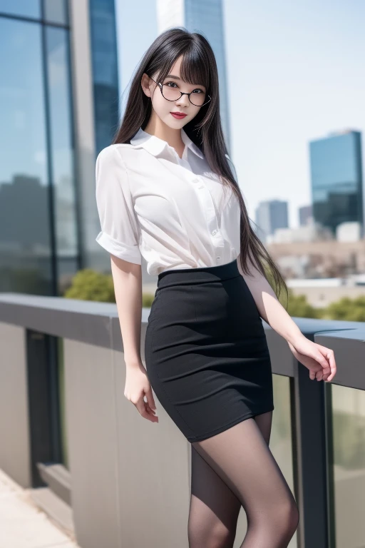 ltra-detailed,highly detailed,best quality,masterpiece,illustration, drawing, realistic, photorealistic,
office_lady, 1girl, solo, 
dress shirt, collared shirt, pencil skirt, pantyhose, 
white shirt, black skirt, 
long hair, bangs, 
looking at viewer, cowboy shot, 
outdoors, cityscape, 
<lora:office lady_v1_04:0.9>