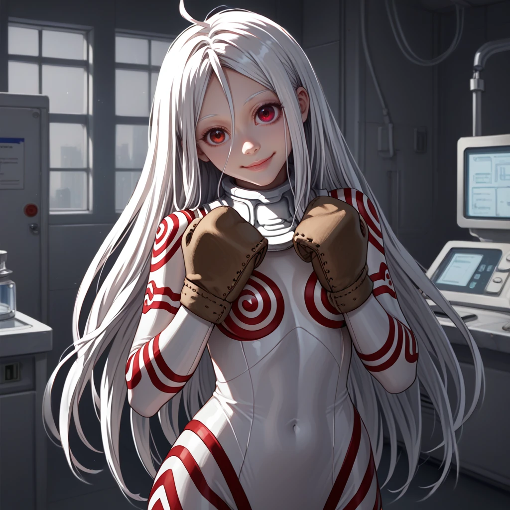 <lora:shiro:1>,1girl,solo,shiro \(deadman wonderland\),albino,white hair,cowlick,white eyebrows,colored eyelashes,red eyes,collar,white bodysuit,skin tight,brown mittens,
indoors,laboratory,
cowboy shot,standing,hands up,smile,closed mouth,head tilt,, score_9, score_8_up, score_7_up, perfect anatomy, source_anime,