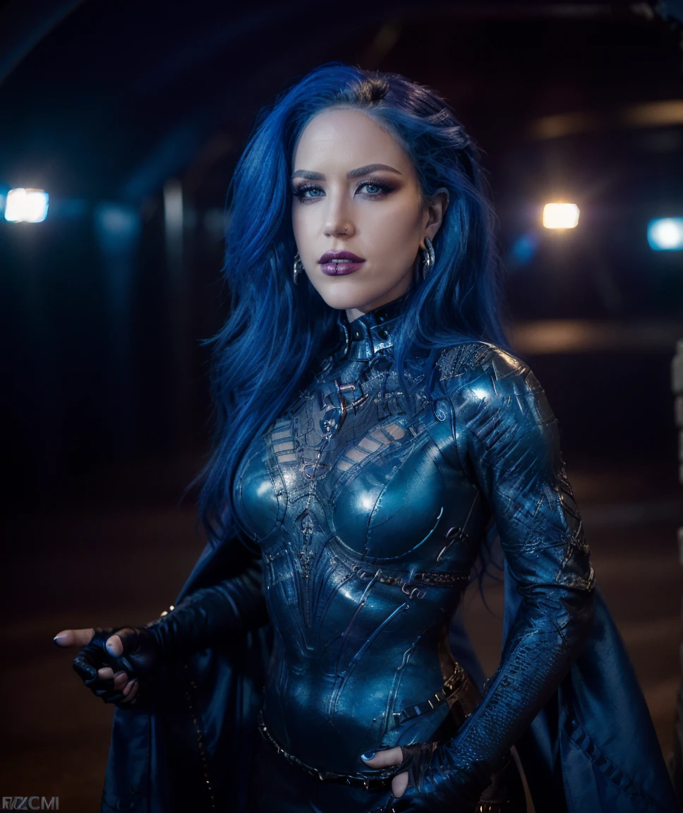 cinematic photo  <lora:quiron_AlissaWhiteGluz_v090330_Lora:0.87> alissaWhiteGluzQuiron woman, 1girl, long hair,  realistic, looking at viewer, lips, jewelry, earrings, parted lips, blue eyes,  lipstick , ,  ,  dark outfit,  ,    . 35mm photograph, film, bokeh, professional, 4k, highly detailed