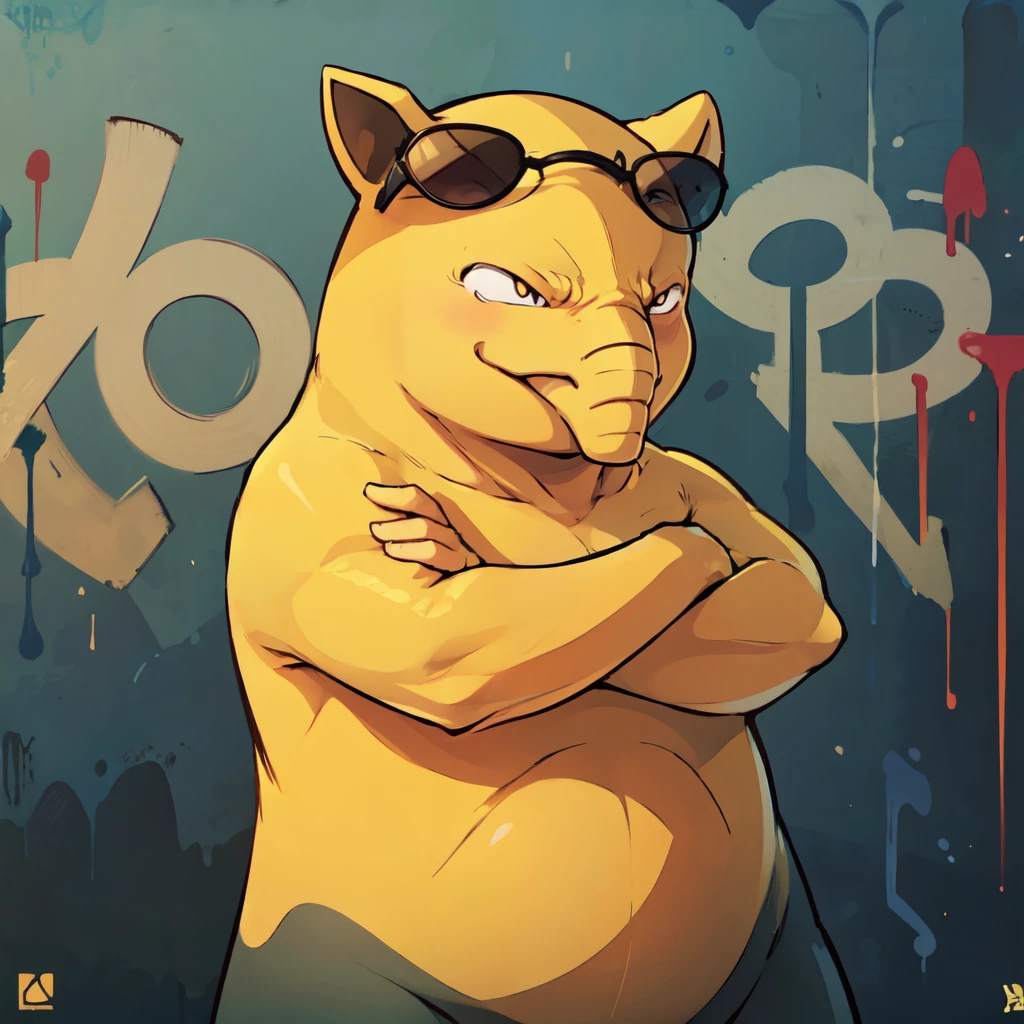 ((masterpiece,best quality)), absurdres, <lora:Drowzee_Pokemon:0.7>,  (sunglasses), zzDrwz, smile, standing, upper body, graffiti, crossed arms,