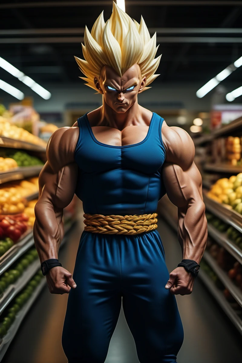 cinematic photo a full body portrait of a muscular man, blond spiked hair, super saiyan, glowing, electricity , solo, shops in a grocery store <lora:Vegeta1024:0.8> . 35mm photograph, film, bokeh, professional, 4k, highly detailed