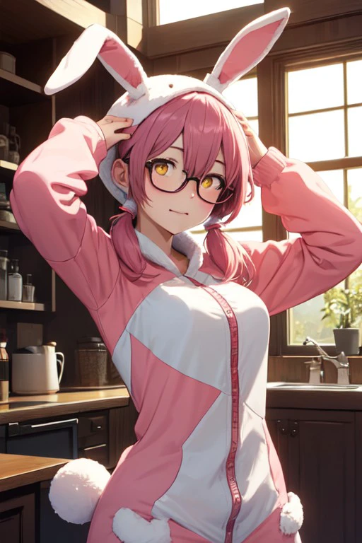 rabbit costume, yellow eyes, barefoot, hugging, kissing, hair between eyes, glasses, twintails, upper body, arms up, pink hair, <lora:a7deb1d3-3085-4c36-b08e-1eba7b91755b:0.7>