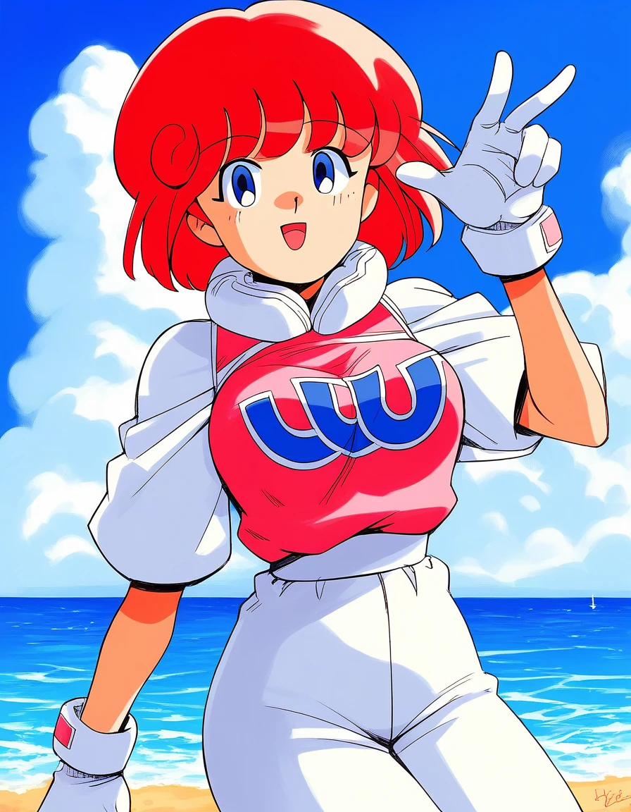 score_9, score_8_up, score_7_up, source_anime, rating_explicit, BREAK  <lora:Pastel_TwinBee_XL:1> Pastel_TwinBee, red hair, blue eyes, short hair, bangs, medium breasts,
1girl, gloves, retro artstyle, open mouth, smile,  looking at viewer, white gloves, short sleeves, 1990s (style), cowboy shot, long pants, 
sky, blue sky, cloud, beach,