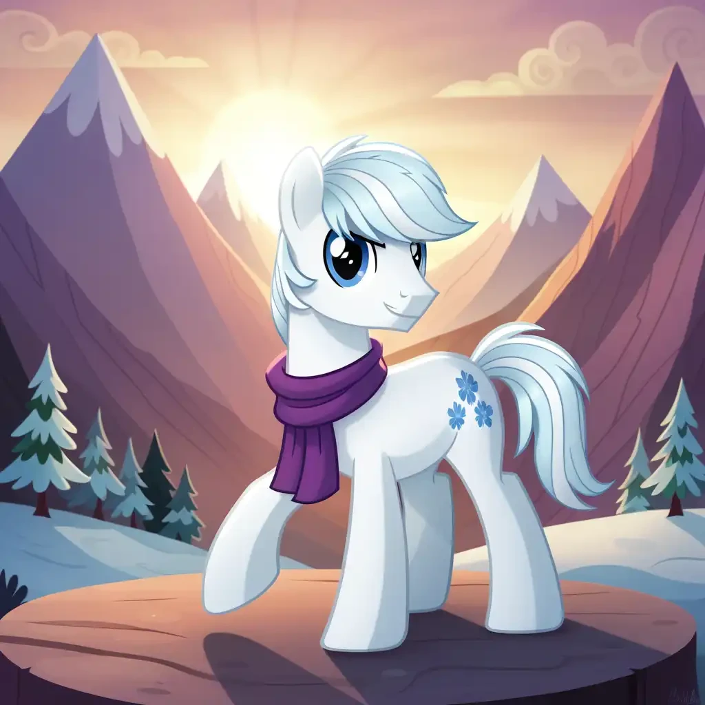 score_9, score_8, score_7_up, source_pony, double_diamond_(mlp), white body, blue eyes, white mane, white tail, flower-shaped cutie mark, wearing purple scarf, solo, 1boy, a young handsome stallion, standing, wide stance, posing, dynamic pose, husbando, smiling, looking at viewer, timid, soft, calm, long mane, detailed eyes, perfect hands, perfect hooves, horse tail, cutie mark, outdoors, snow, winter mountain, digital art, masterpiece, 8K, HD, soft lighting, full body, 