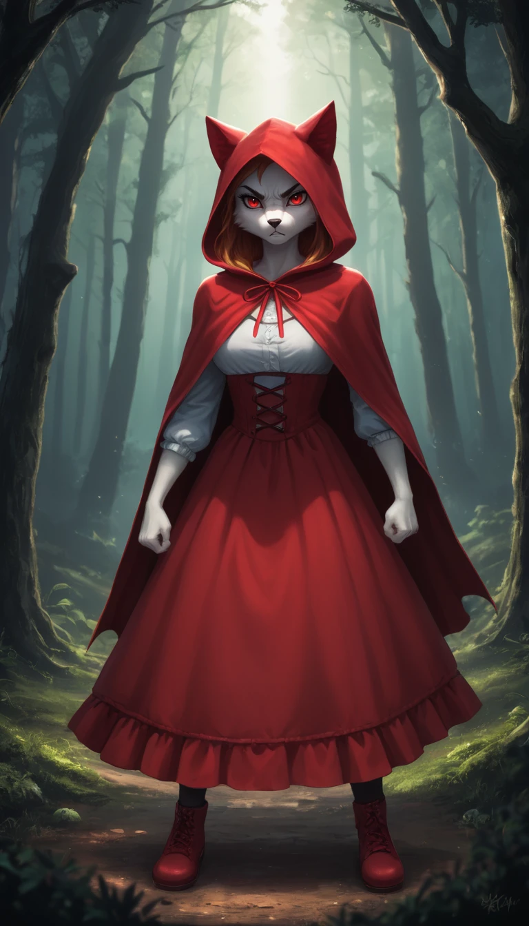 Little Red Riding Hood's Encounter: A brave, determined anime girl in a red hood, meeting a menacing, anthropomorphic wolf in a dark forest, dramatic lighting, tense atmosphere, art by Gustave Doré.