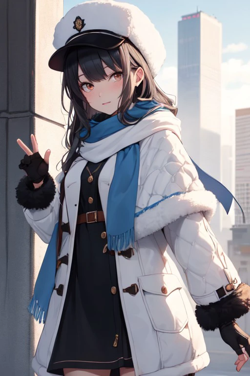 russian clothes, scarf, fur-trimmed coat, white jacket, shawl, fingerless gloves, white scarf, blue shawl, dress, black hair, white headwear, <lora:2673a90c-6c8e-4038-9103-84739bd0bb8e:0.7>