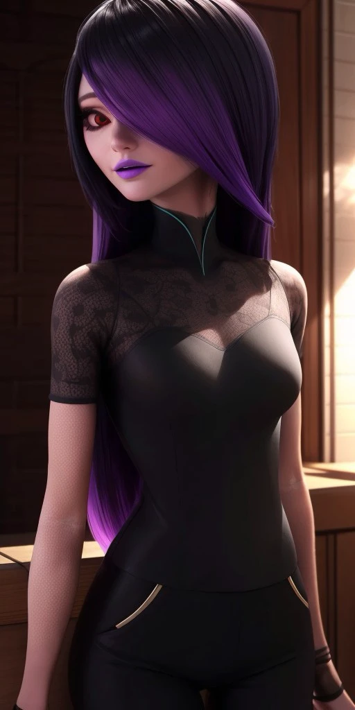 Hyperrealistic, photorealistic, super detailed, fifteen years old, medium height, brilliant red eyes, dark eyeshadow, long black hair with dyed purple tips at the end and bangs covering the left side of her face, very soft magenta lipstick, body like in real life, large pores, pale-skinned, beautiful arms, little breasts, unreal engine, octane render, droped shadow, bokeh, cinematic lighting, <lora:add_detail:0.5>, <lora:Volumetric_lighting:0.6>, Juleka Couffaine, , <lora:d5da7d5d-bd8d-4fcf-8082-26baea76a477:0.7>