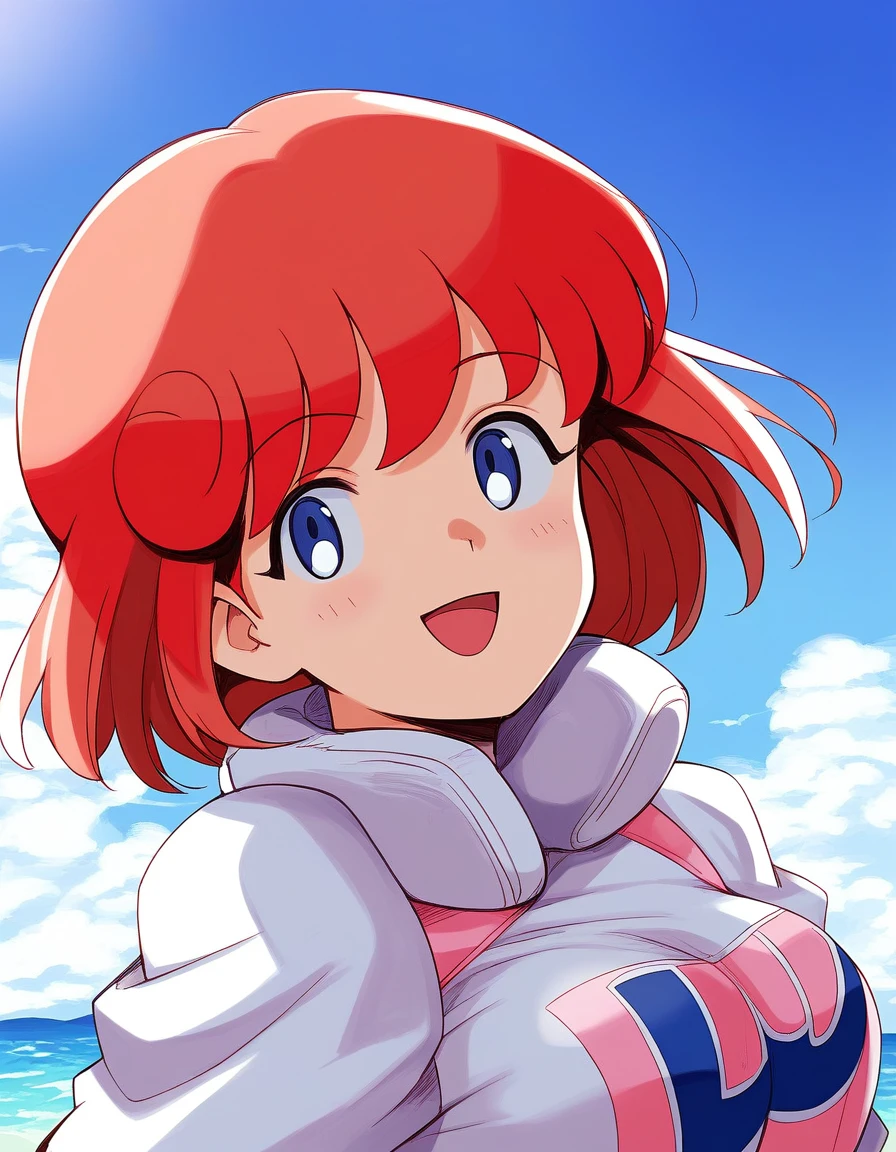 score_9, score_8_up, score_7_up, source_anime, rating_explicit, BREAK  <lora:Pastel_TwinBee_XL:1> Pastel_TwinBee, red hair, blue eyes, short hair, bangs, medium breasts,
1girl, solo,  open mouth, day,  smile, sky, looking at viewer, cloud, outdoors, upper body, ocean