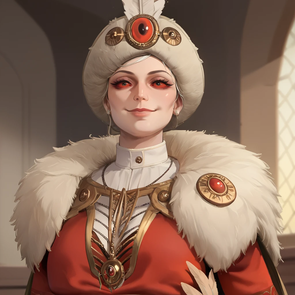 score_9, score_8_up, score_7_up, score_6_up, score_5_up, source_anime,
UlrikaMagdova, solo, mature woman, voluptuous, red sclera,
looking at viewer, wry smile, close up,
cape, hat,
interior of castle bedroom background,
expressive,
<lora:Ulrika_Magdova_PonyXL:1>