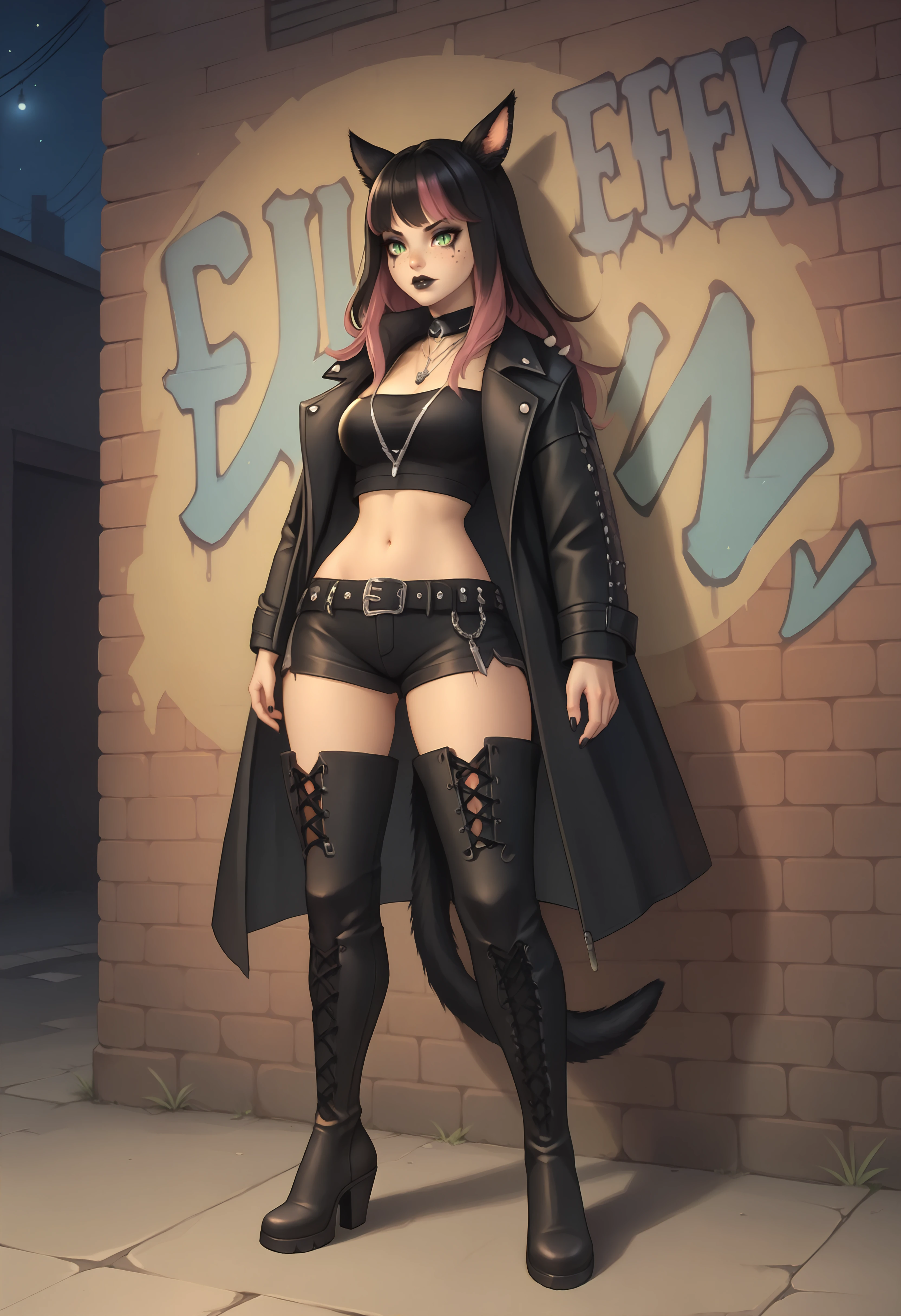 score_9, score_8_up, score_7_up BREAK <lora:clamXIVMC_v20:1> xivmc, animal ears, two-tone hair, green eyes, slit pupils, freckles, tail, long hair, goth makeup, black lips, black nails, jewelry, thigh high boots, navel, necklace, black footwear, standing, black shorts, cross-laced footwear, black coat, midriff, belt, studded coat, long coat, night, street, against wall, graffiti