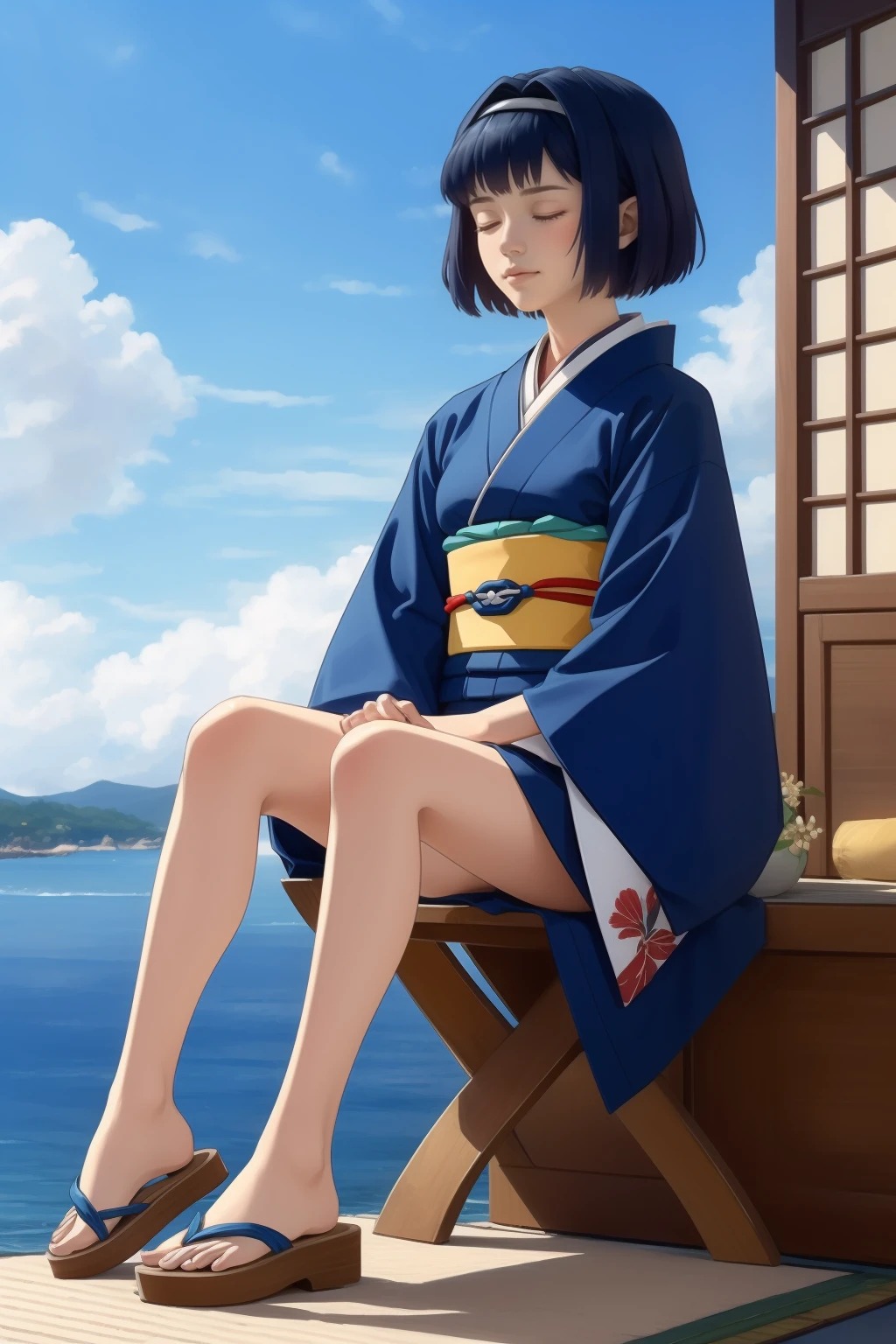 ((masterpiece,best quality)), highres, 1girl, solo, <lora:Kelvena:1> Kelvena, closed eyes, blue hair, short hair, kimono, sandals,