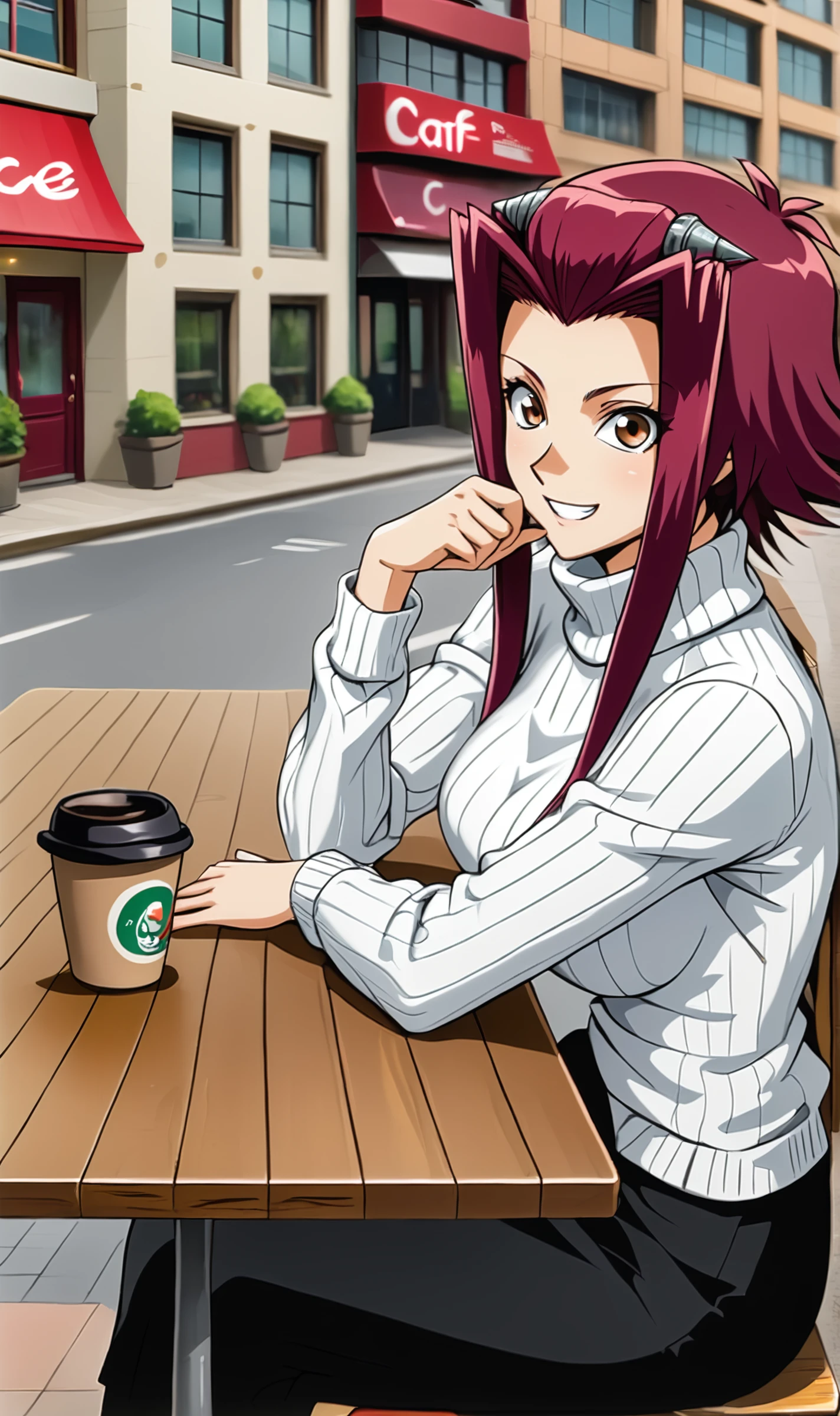 AI, 1girl, solo, red hair, short hair with long locks, forehead, hair ornament, outdoors, city, cafe table, sitting, drinking coffee, from above,  from side, looking at viewer, white turtleneck sweater, black long skirt, arm rest, grin, wide eyed, <lora:Akiza Izinski Pony XL:0.75>