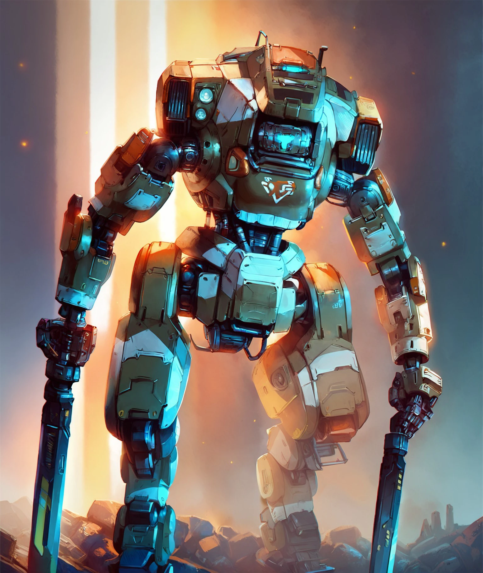 score_9,score_8_up,score_7_up,  <lora:JackCooper&BT-7274-000020:1>,BT-7274, robot, no humans,mecha, science fiction, realistic,holding sword,