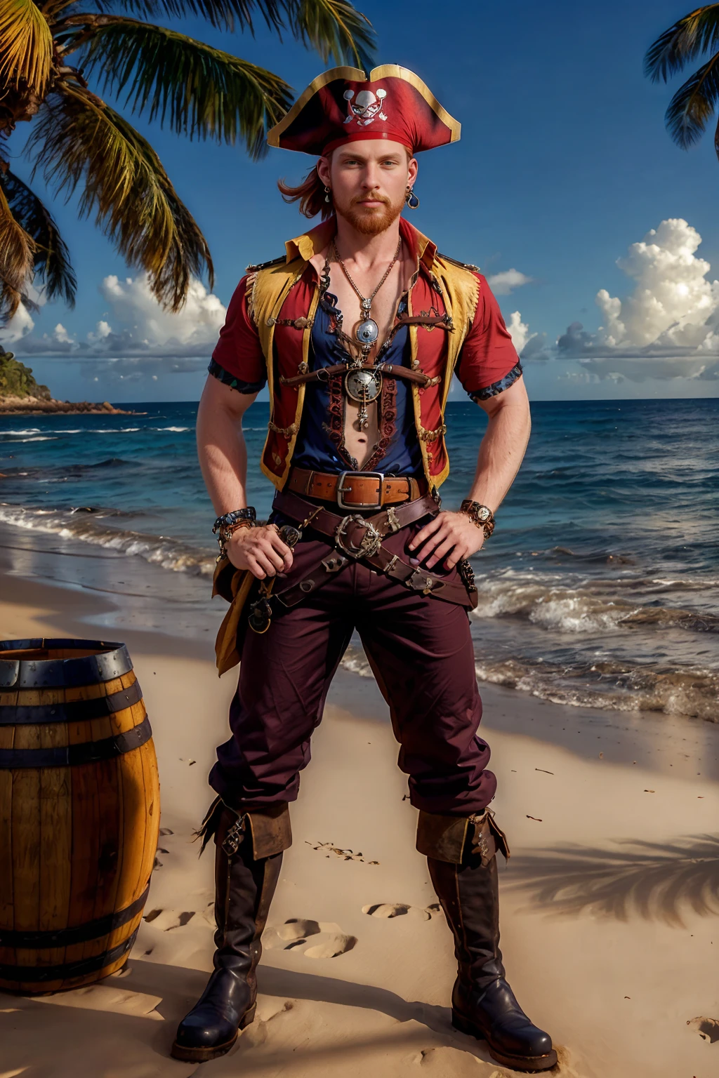 Caribbean beach, pirate ship on the ocean in the background, barrel of rum, standing on the beach, ginger hair, AndroMaas is a sexypirate, (shirt:1.6), vest, pirate hat, pants, boots, belt, earrings, necklace, (((full body portrait))), wide angle  <lora:Clothing - Sexy Pirate:0.50>  <lora:AndroMaas:0.8>