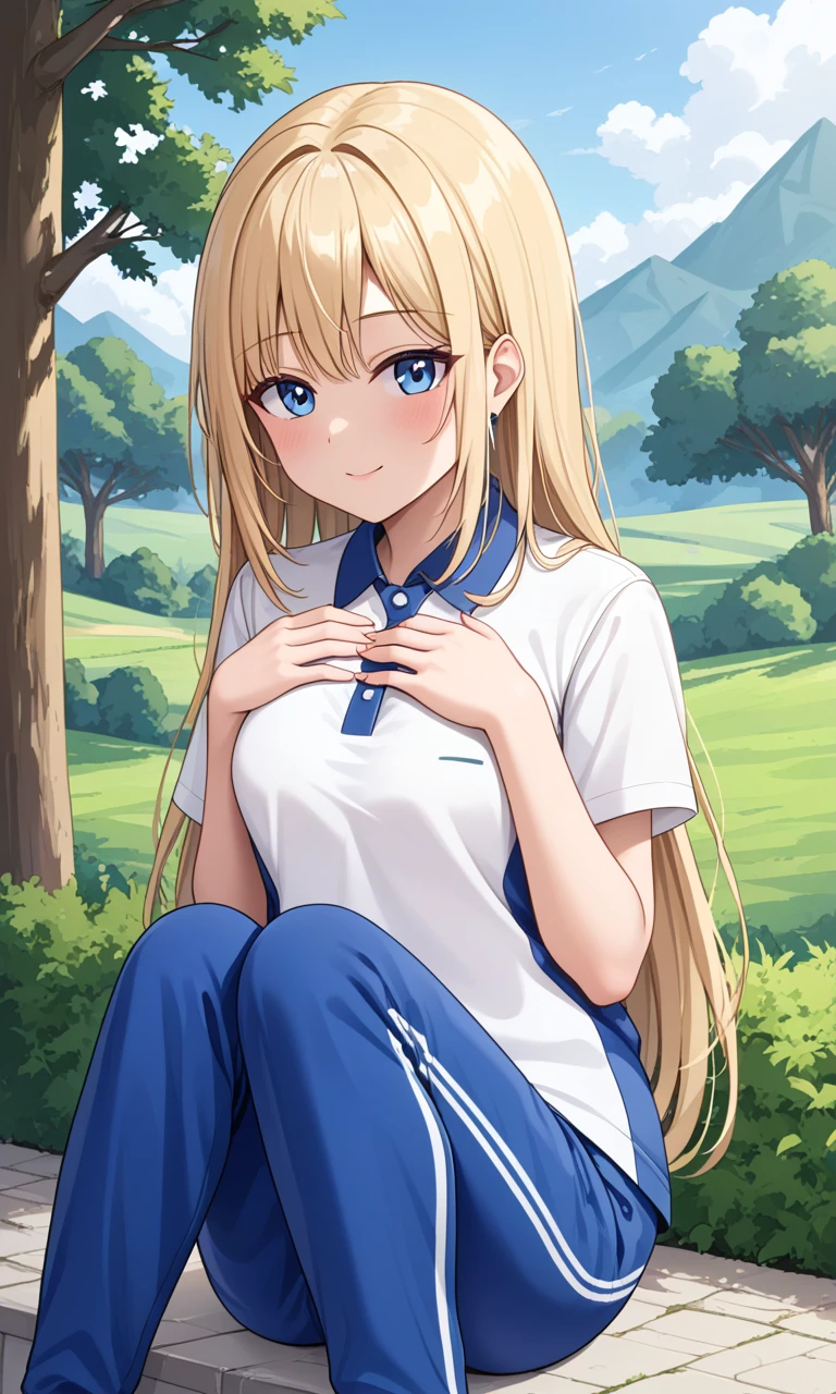 <lora:Pony Shenzhen_school_uniform:1>, 1girl, white shirt, blue pants, outdoors, sitting, knees up, hands on own chest