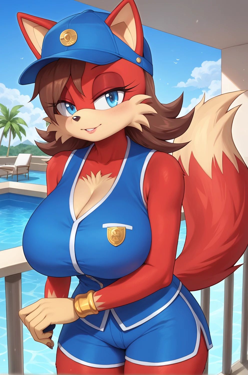 (red body/fur), (brown hair), (backround:balcony), (detailed backround), (masterpiece), (high details), (facing the viewer:1.3), (looking at the viewer:1.3), (light blue eyes:1.2), (large breasts:1.2), (red ears), furry female,(bigger female:1.2),Fiona The Fox Form Sonic The Hedgehog (series), blue baseball_cap, blue/gold short vest,