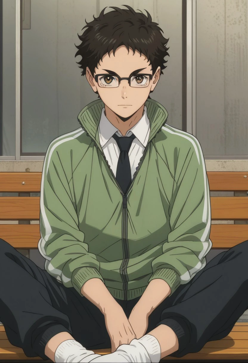 score_9, score_8_up, score_7_up, source_anime, rating_safe, Takaikyu, 1boy, male focus, anime screencap, black glasses, green Karasuno track jacket, black necktie, collared white shirt, black pants, white socks, sitting,