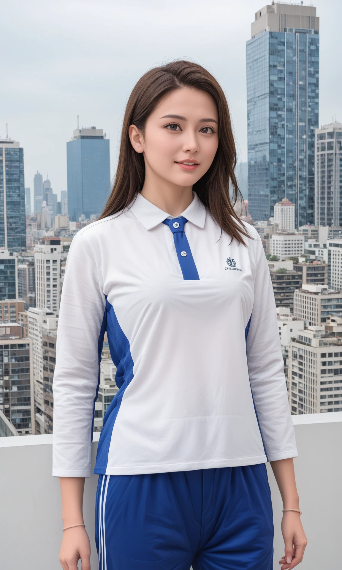 <lora:Pony Shenzhen_school_uniform:1>, 1girl, white shirt, blue pants, city, upper body