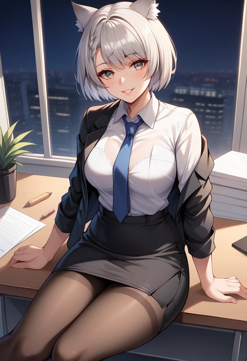 score_9, score_8_up, score_7_up, score_6_up, source_anime, BREAK, <lora:MioXenoblade3:0.9>, MioXC3, grey hair, short hair, cat ears,  office lady, pantyhose, pencil skirt, smile, parted lips, sitting, office, night, desk, looking at viewer, black jacket, tie, white shirt,