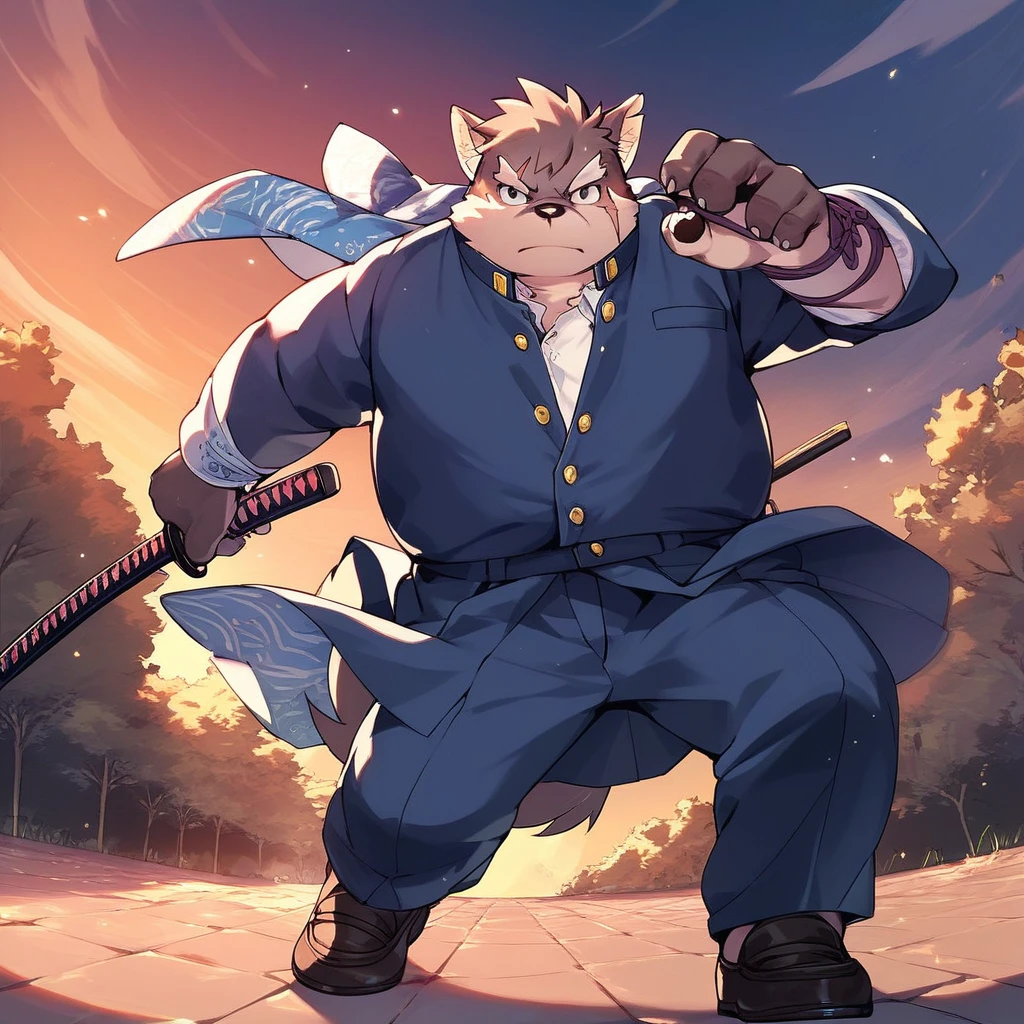 score_9, score_8_up, score_7_up, score_6_up, score_5_up, score_4_up, moritaka, anthro, dog, chubby, fat, grey and beige fur, scars, school uniform, action pose, holding katana, holding sword, night scenery, school background, looking at viewer, serious face,