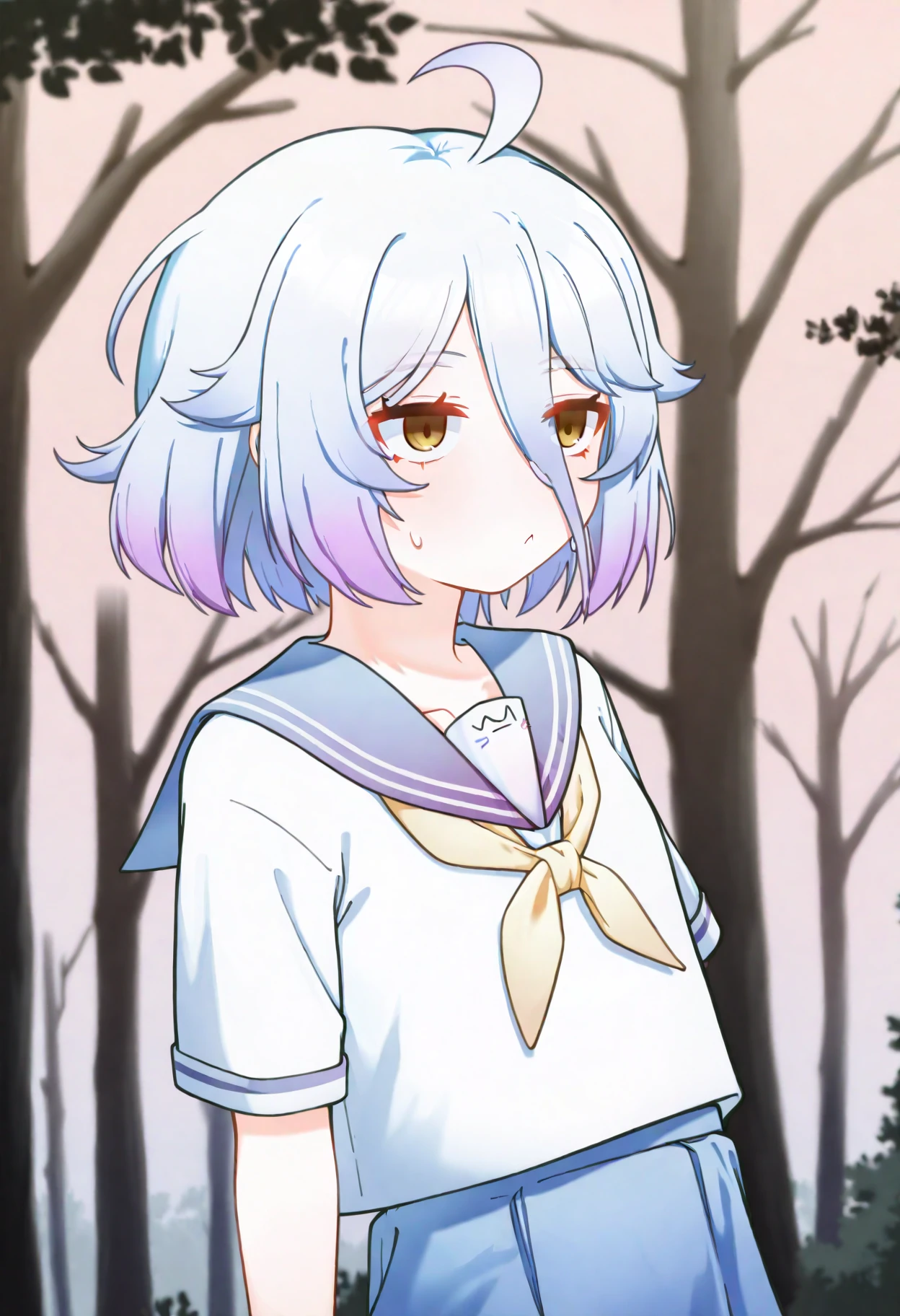 1girl, henya the genius, vshojo, ugaaaa1, ahoge, alternate hairstyle, blue sailor collar, blue skirt, gradient hair, grey hair, hair between eyes, medium bangs, medium hair, multicolored hair, neckerchief, purple hair, sailor collar, shirt, sidelocks, skirt, tree, virtual youtuber, white shirt, yellow eyes, yellow neckerchief