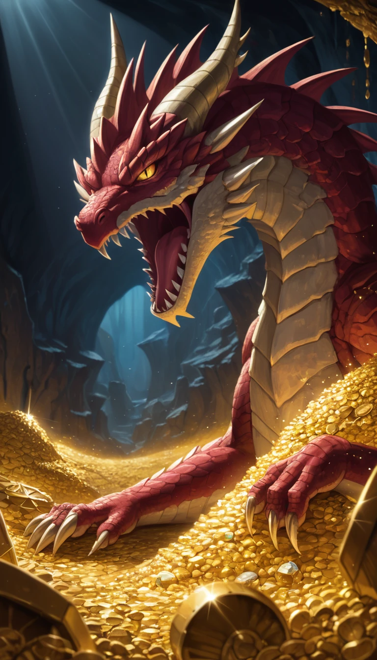 Dragon's Lair: A grand, cavernous anime lair filled with gold, treasure, and a fearsome dragon, dramatic lighting, sense of danger and adventure, art by Yoshitaka Amano.