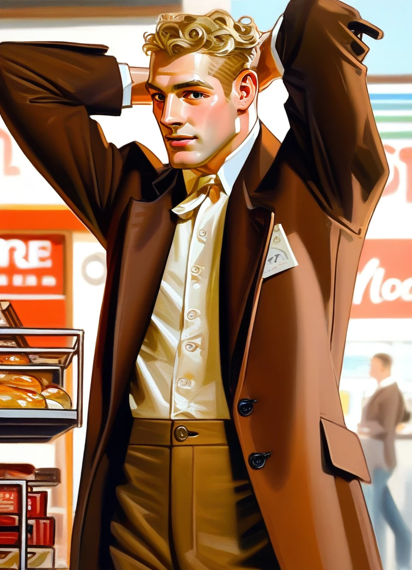 score_9, score_8_up, score_7_up, score_6_up, score_5_up, score_4_up, <lora:j_c_leyendecker_style_pony_xl_v6_pony_realism_v2_1_v5:1.15>leyendecker, 1boy, solo, male focus, (nose:0.75), blonde hair, curly hair, short hair, brown suit, vest, shop, outdoors, close up, highres, light-skinned male, arms up