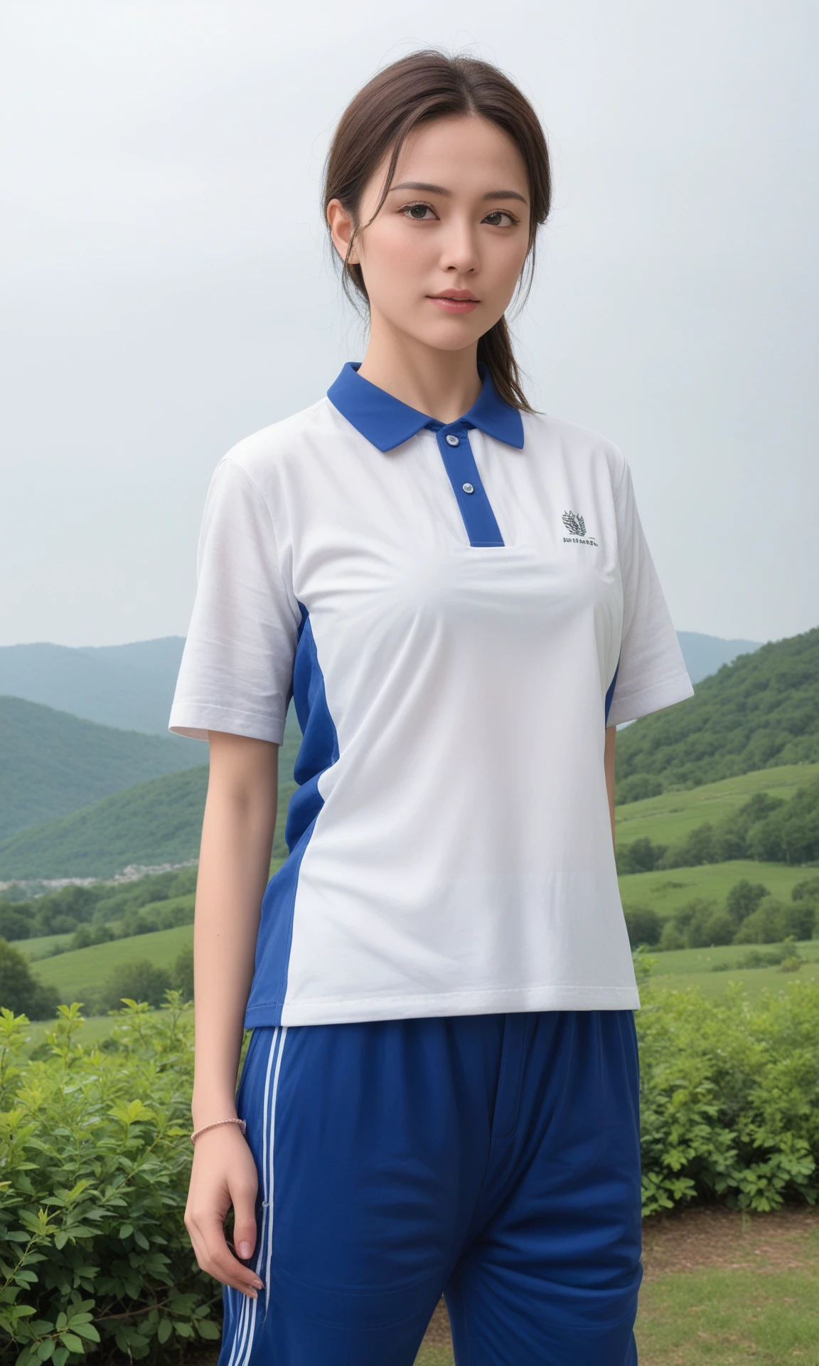 <lora:Pony Shenzhen_school_uniform:1>, 1girl, white shirt, blue pants, outdoors, cowboy shot, sideways