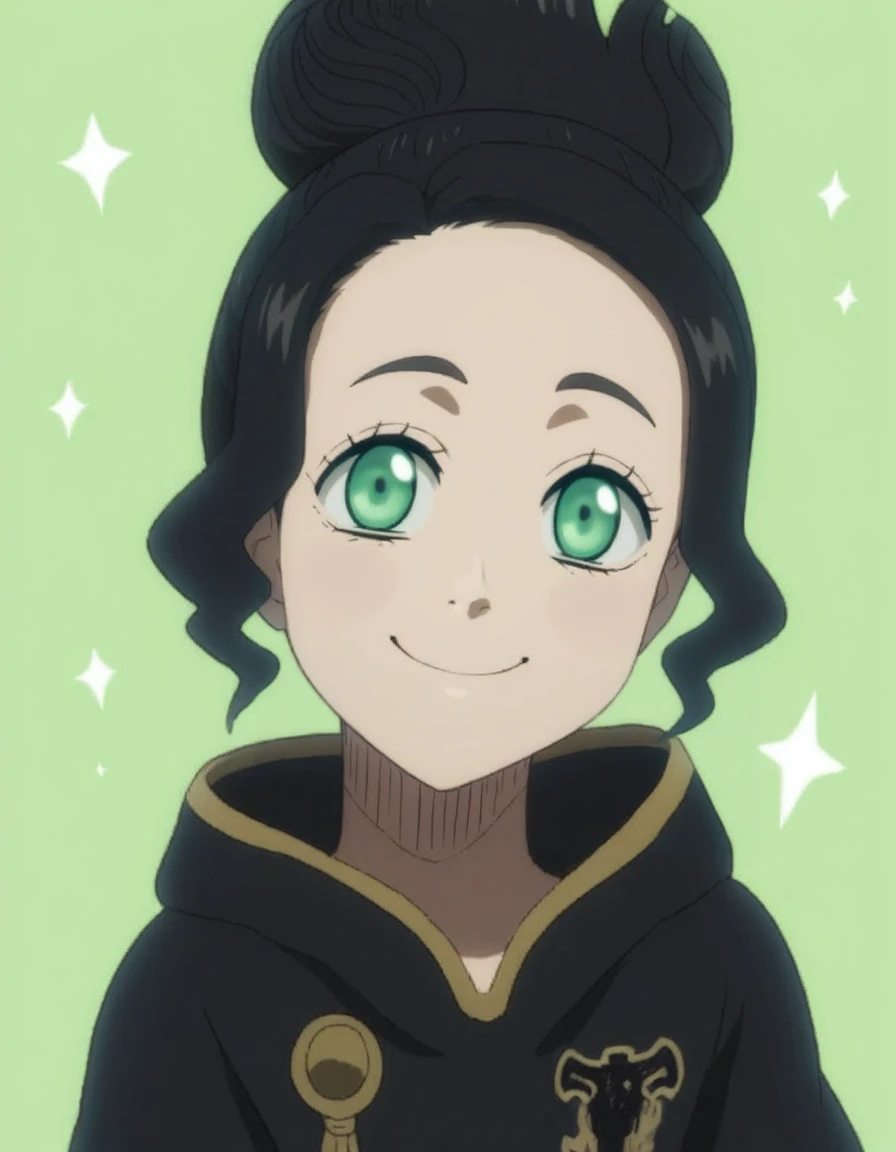 <lora:Charmy_Black_Clover:1>, charmy, black hair, green eyes, single hair bun, cute, smile, face, score_9