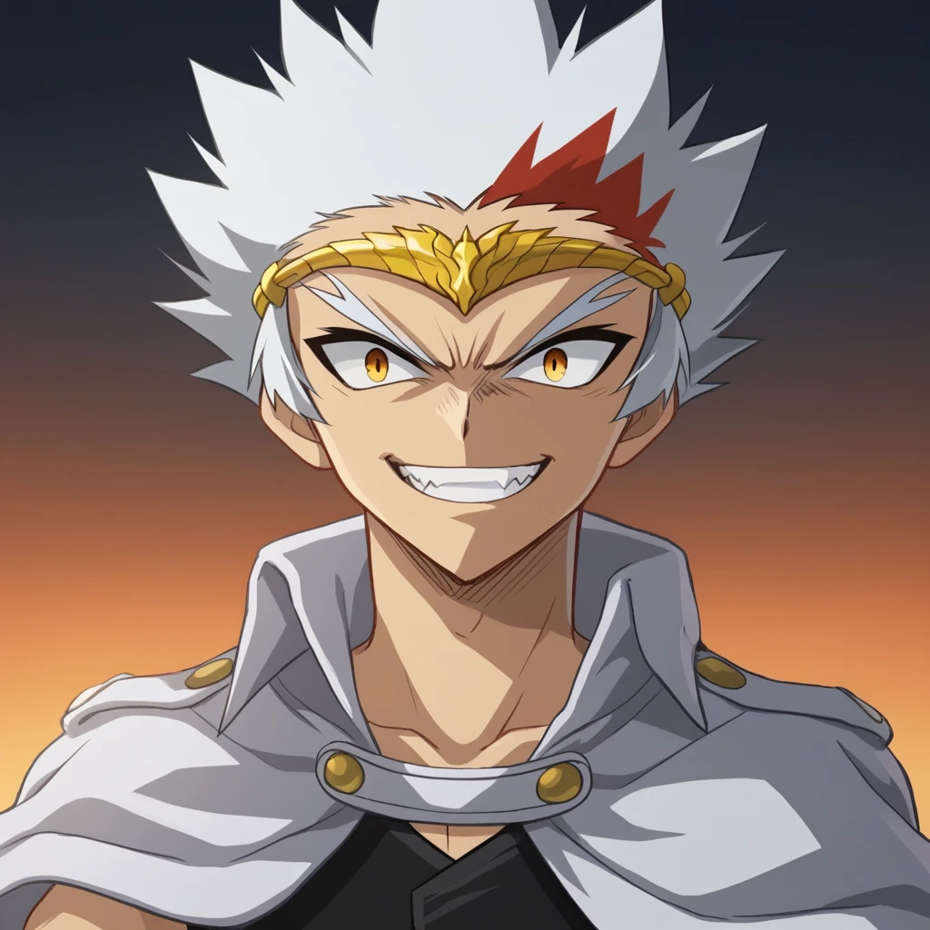 score_7_up, BREAK, Ryuga, 1boy, solo, white hair, spiked hair, amber eyes, black tank top, Jacket on shoulders, grin, <lora:Ryuga_Beyblade_Leaf1:1>, portrait,