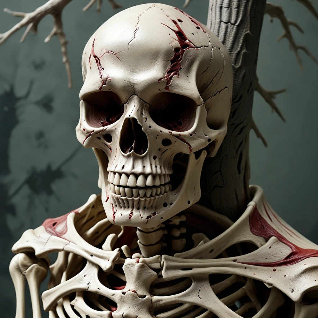 horror, realistic, skeleton, portrait, monster, cape, guro, from above, tree, scar, weapon