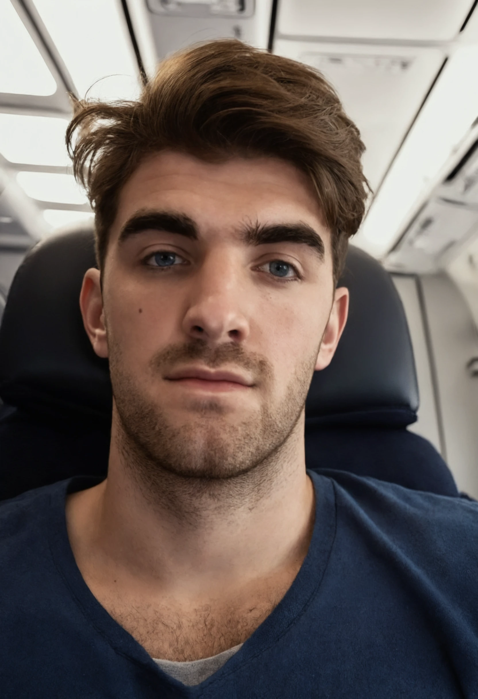 photograph AndrwTggrt, looking at the viewer, male, sitting on an airplane, blue-gray eyes, styled brown hair, 33 years old, 50mm . cinematic 4k epic detailed 4k epic detailed photograph shot on kodak detailed cinematic hbo dark moody, 35mm photo, grainy, vignette, vintage, Kodachrome, Lomography, stained, highly detailed, found footage