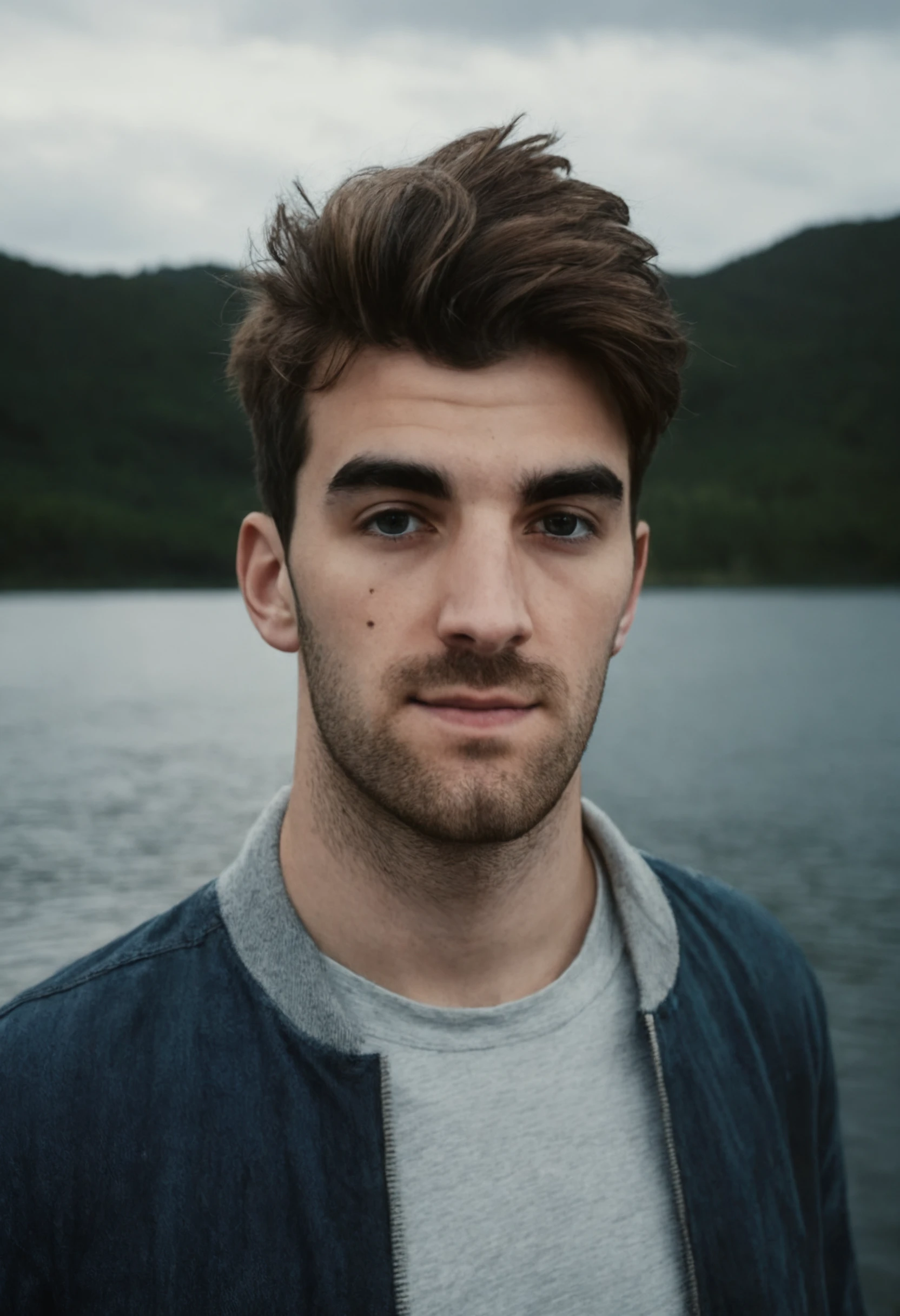 photograph AndrwTggrt, looking at the viewer, male, cloudy, lake background, styled brown hair, 33 years old, 50mm . cinematic 4k epic detailed 4k epic detailed photograph shot on kodak detailed cinematic hbo dark moody, 35mm photo, grainy, vignette, vintage, Kodachrome, Lomography, stained, highly detailed, found footage