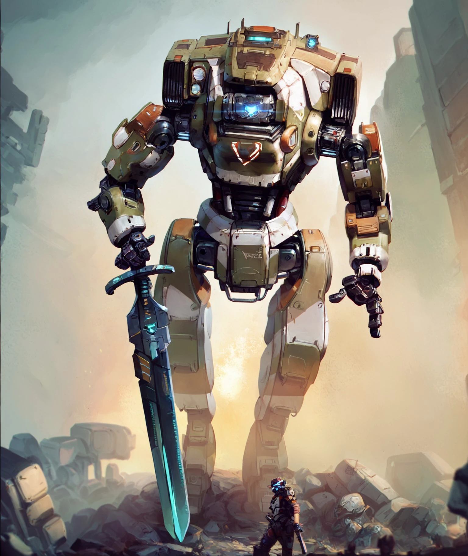 score_9,score_8_up,score_7_up,  <lora:JackCooper&BT-7274-000020:1>,BT-7274, robot, no humans,mecha, science fiction, realistic,holding sword,