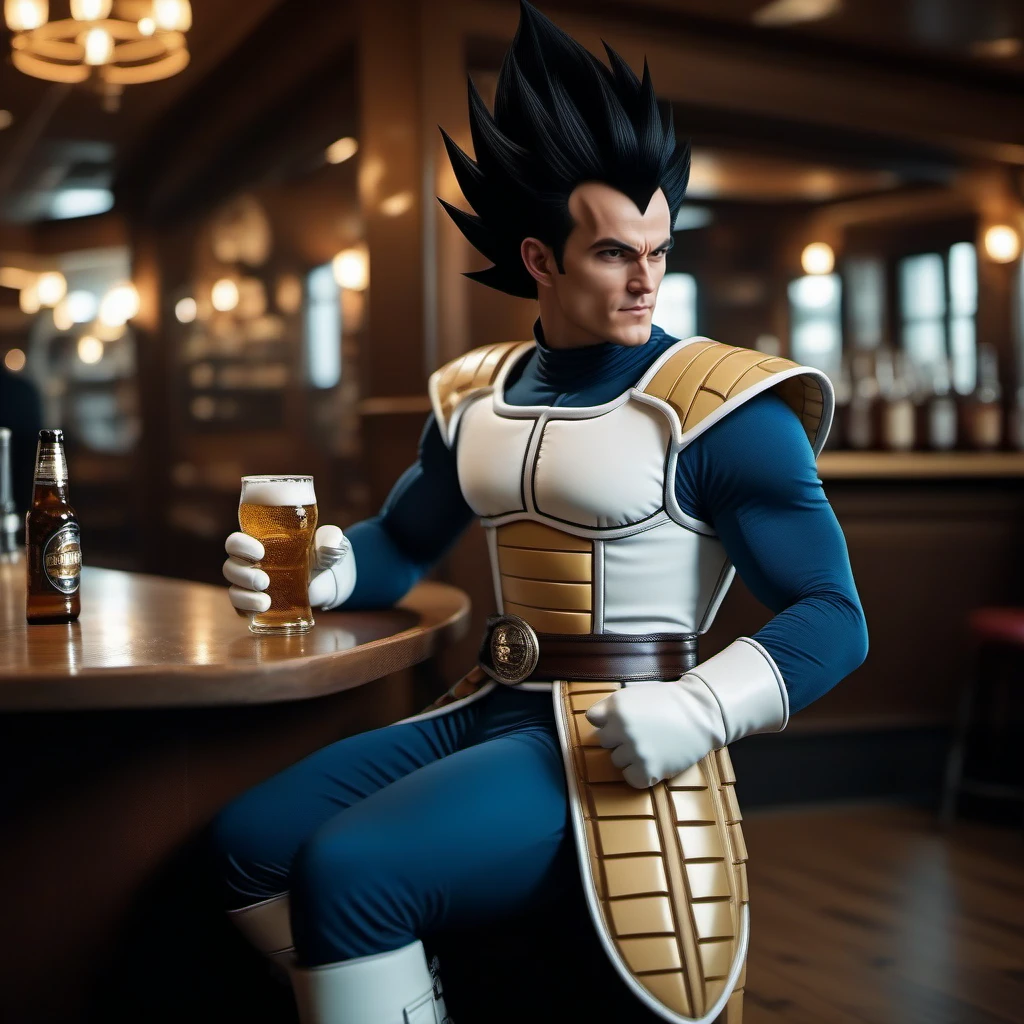 cinematic photo a full body portrait of a man, black spiked hair, saiyan armor, white gloves, white boots, tail, solo, having a beer in a pub <lora:Vegeta1024:0.8> . 35mm photograph, film, bokeh, professional, 4k, highly detailed