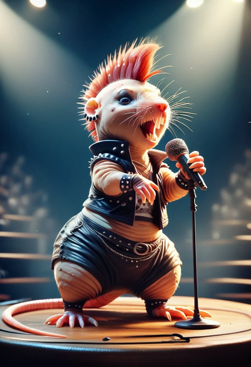 score_9, score_8_up, score_7_up, score_6_up, score_5_up, score_4_up, m0l3r4t, rodent, holding microphone, open mouth, singing, dressed punk, mohawk, on stage